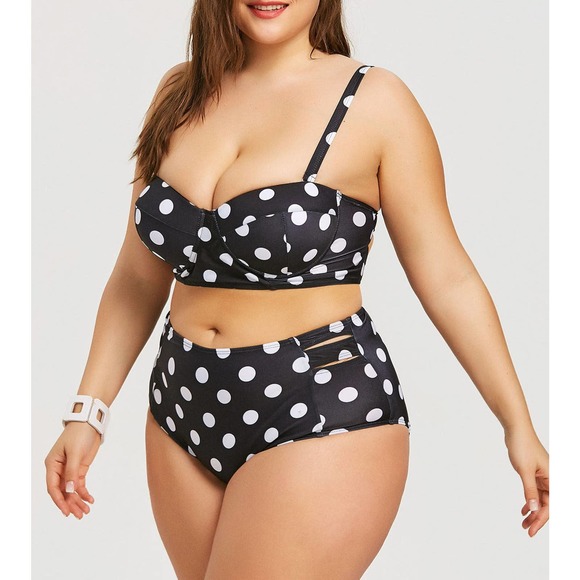 Retro Polka Dot High-rise Bikini Top Bottom Padded Swimsuit Plus Size Swimwear - Picture 6 of 7